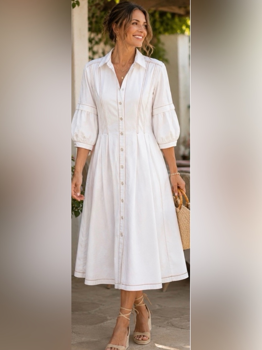 Caceres White Shirt Dresss-Pockets & Abalone shell buttons